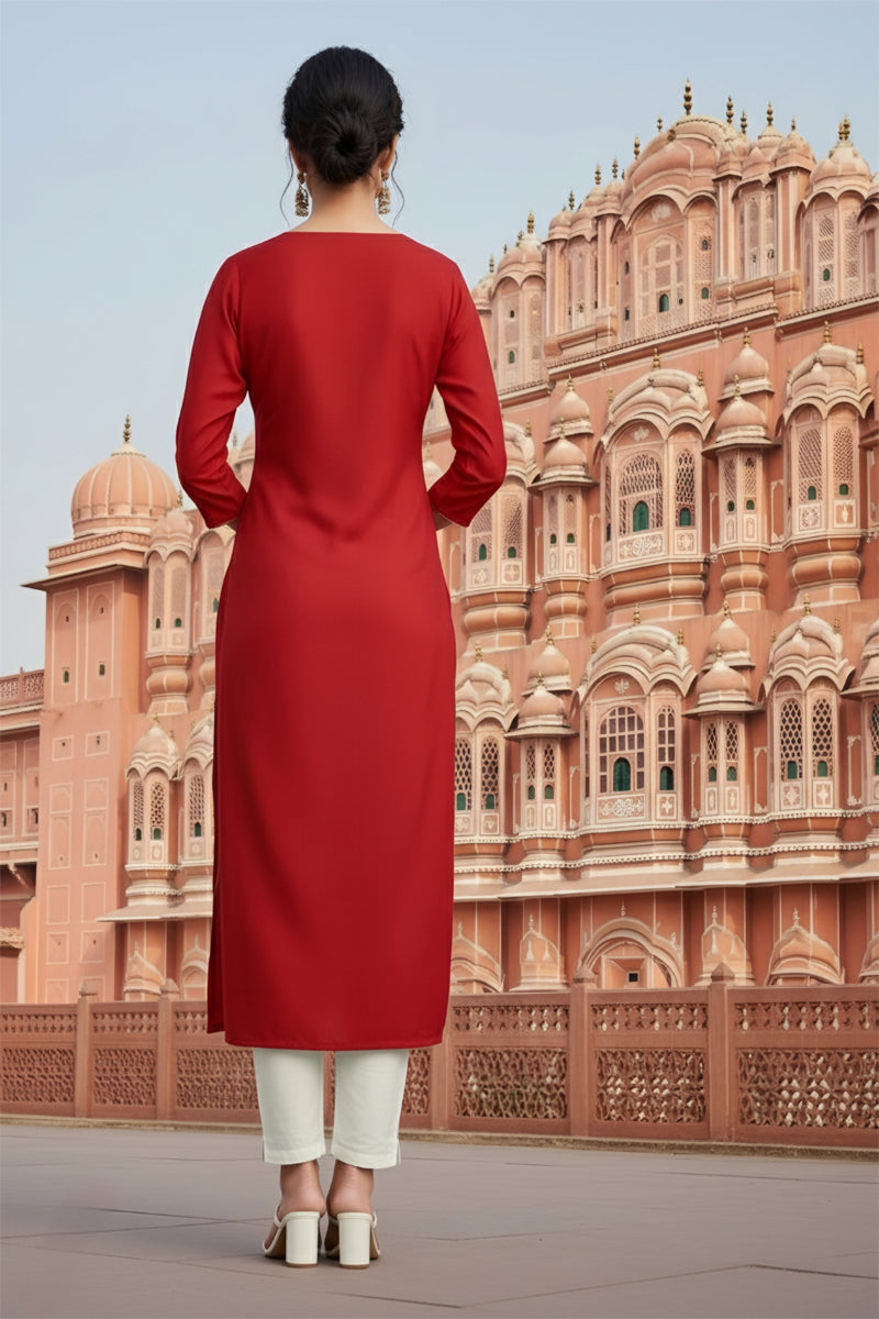 SRS Fashion Red Embroidered Rayon Straight Kurta Set | Grocsy