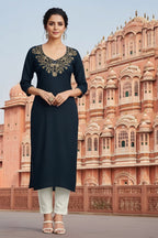 SRS Fashion Blue Embroidered Rayon Straight Kurta Set | Grocsy