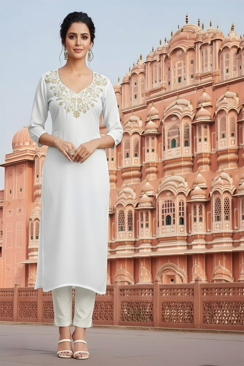 SRS Fashion White Embroidered Rayon Straight Kurta Set | Grocsy