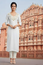 SRS Fashion White Embroidered Rayon Straight Kurta Set | Grocsy
