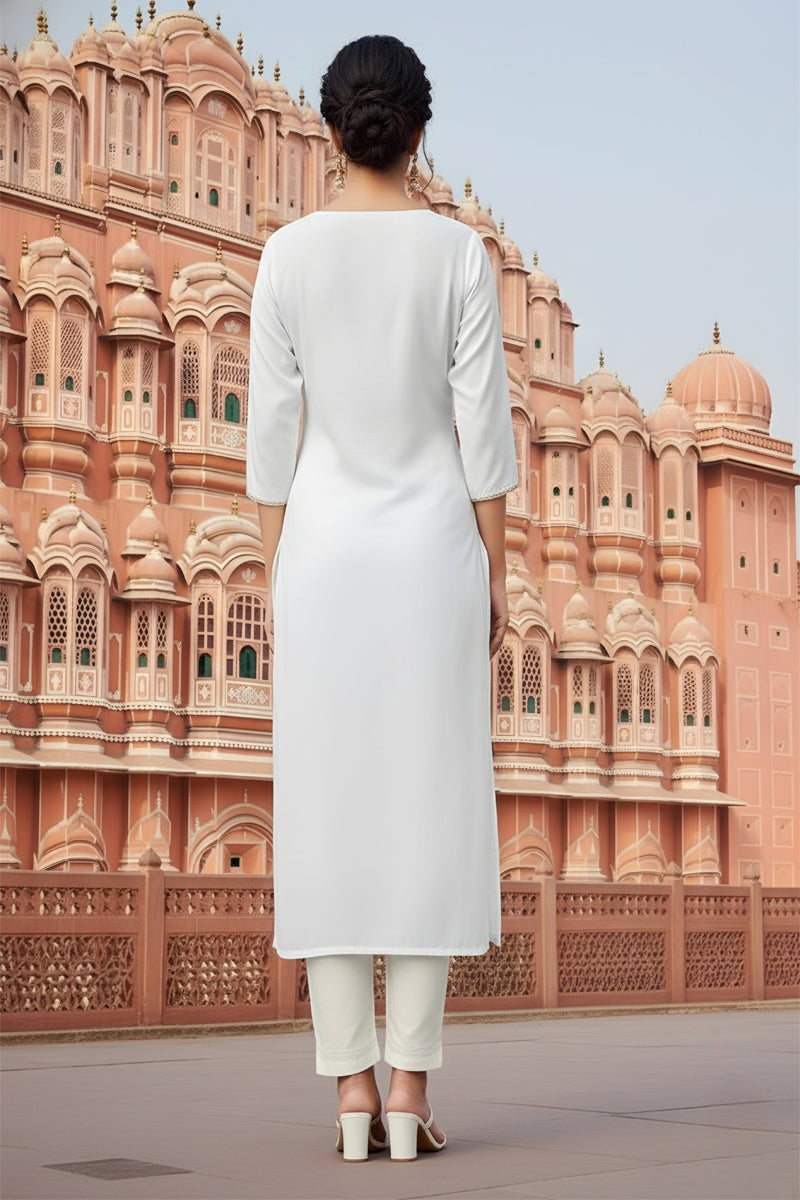 SRS Fashion White Embroidered Rayon Straight Kurta Set | Grocsy