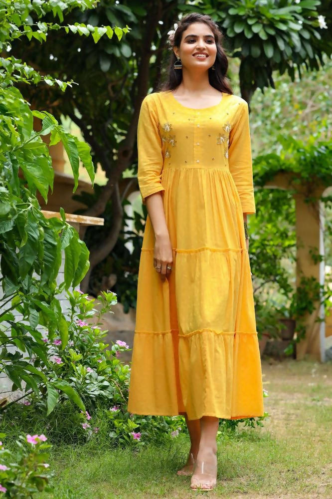 Yufta Yellow Cotton Dobby Dress | Grocsy