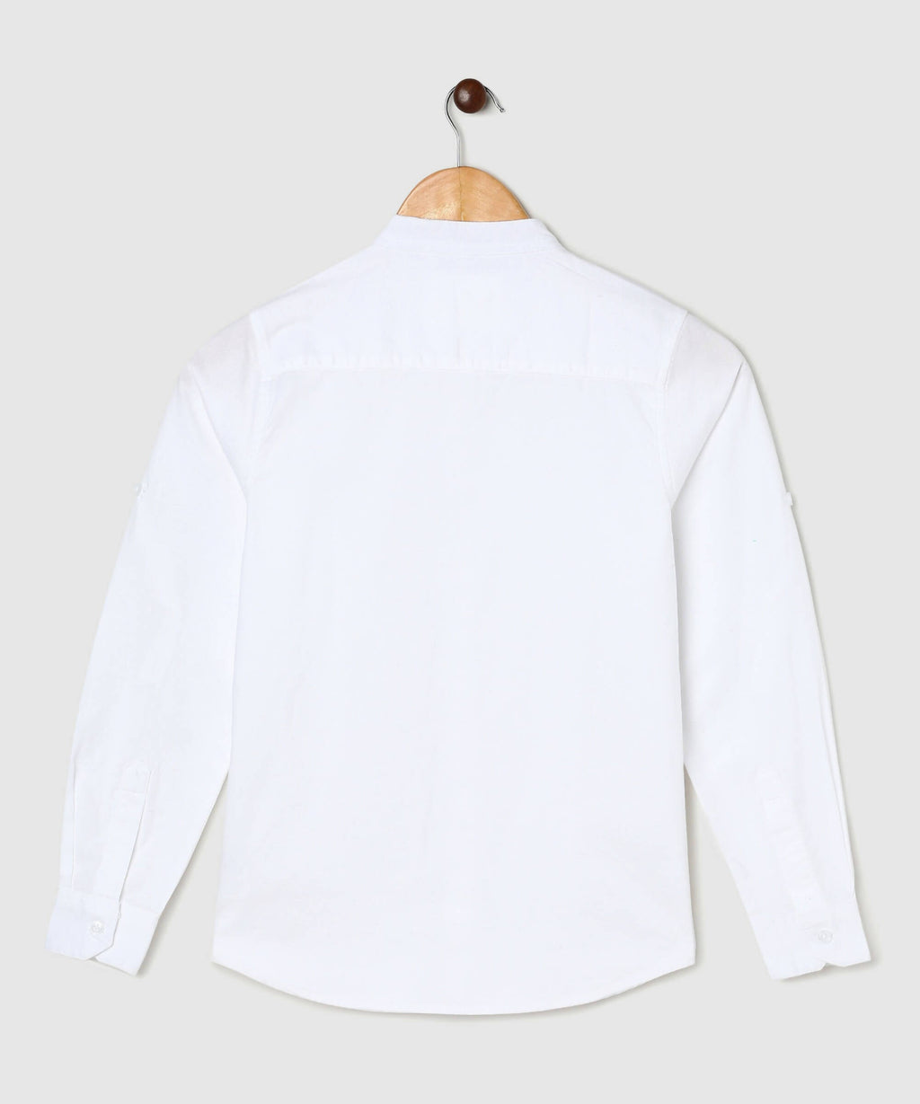 Manet Boys Mandarin Collar Full Sleeves Melange Shirt - White | Grocsy