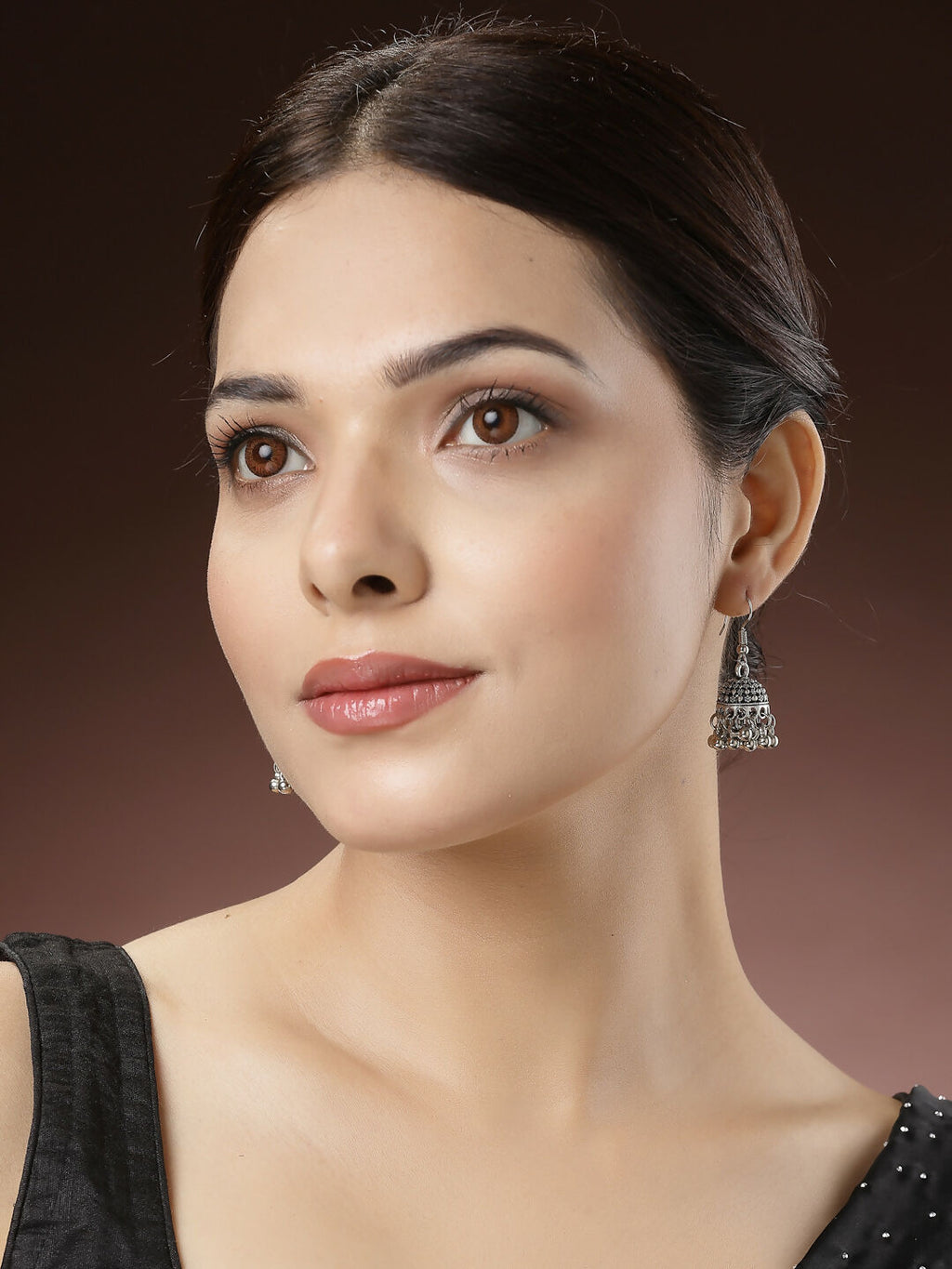 NVR Women's Silver-Toned German Silver Oxidised Dome Shaped Jhumka Earrings | Grocsy