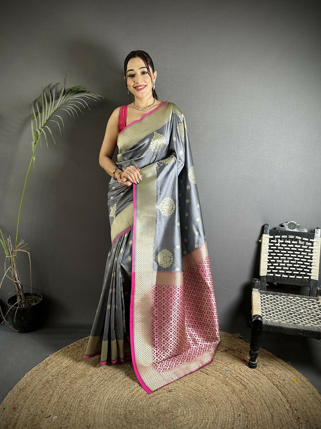 Joban Fashion Grey Woven Butti Soft Silk Banarasi Silk Saree | Grocsy