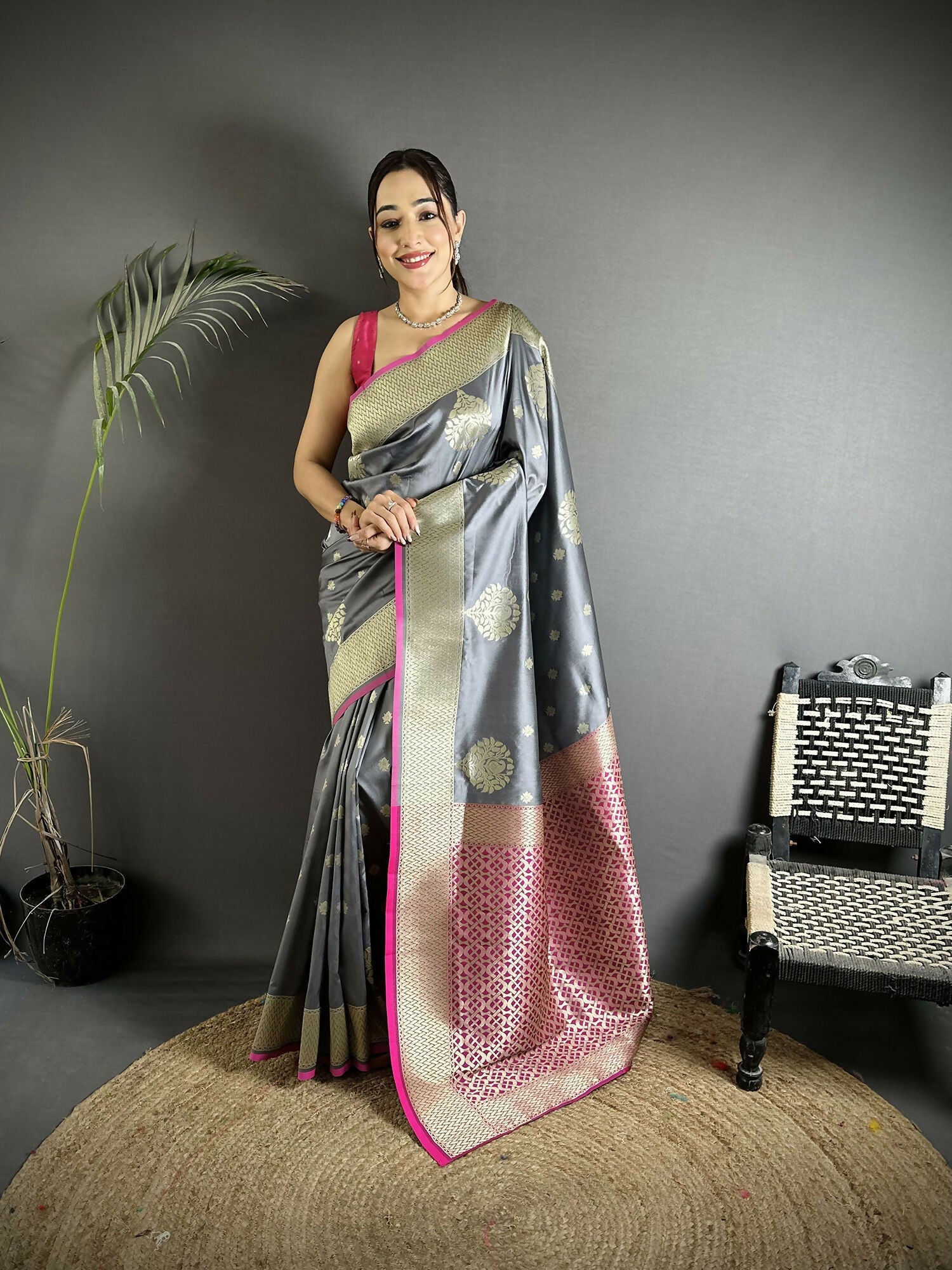 Joban Fashion Grey Woven Butti Soft Silk Banarasi Silk Saree | Grocsy