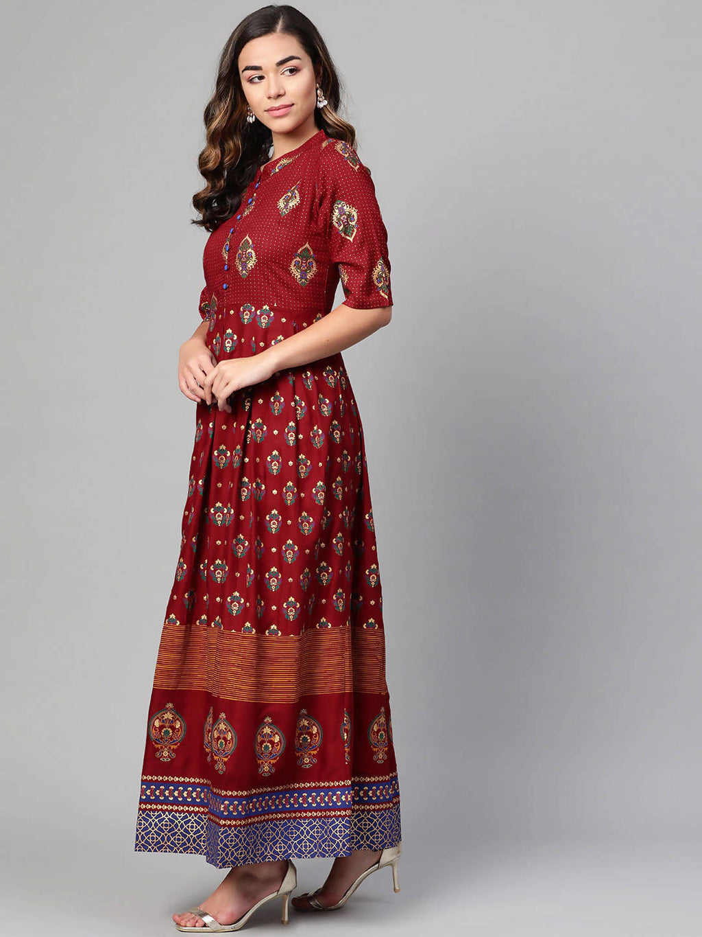 Myshka Maroon & Golden Ethnic Motifs Printed Cotton Maxi Dress | Grocsy