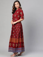 Myshka Maroon & Golden Ethnic Motifs Printed Cotton Maxi Dress | Grocsy