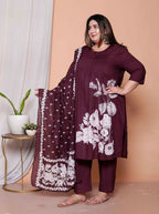 Miravan Womens Plus Size Wine Floral Kurta With Palazzo And Dupatta Set | Grocsy