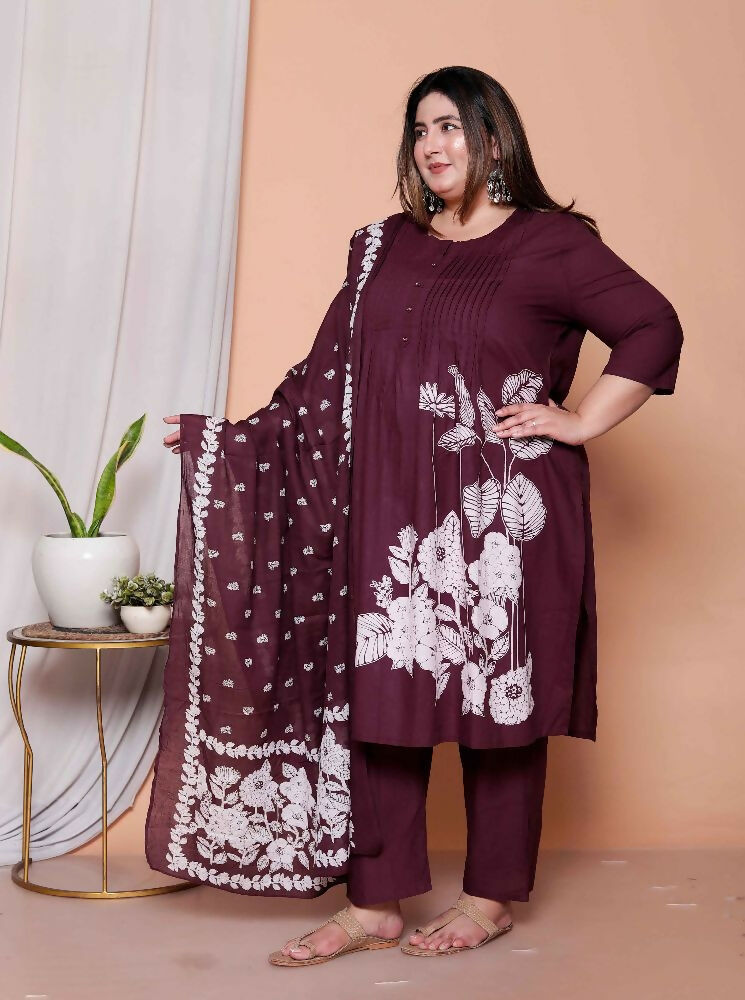 Miravan Womens Plus Size Wine Floral Kurta With Palazzo And Dupatta Set | Grocsy