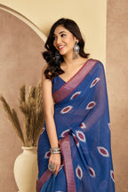 Vastranavya Blue Digital Printed Linen Ready To Wear Pocket Saree with Unstitched Blouse | Grocsy