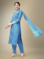 Jyoti Fashion Women's Sky Blue Cotton Blend Embroidery & Fancy Lace work Kurta with Trouser & Dupatta | Grocsy