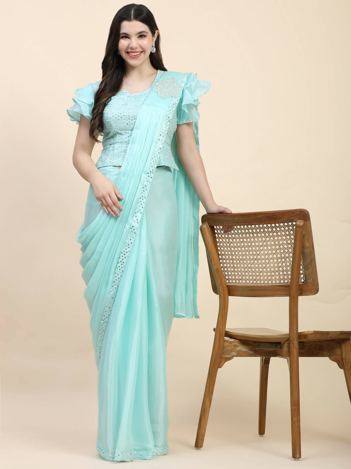 Light Blue Silk Satin Sequence Work Ready to Wear Saree with stitched Blouse - Nirvana | Grocsy