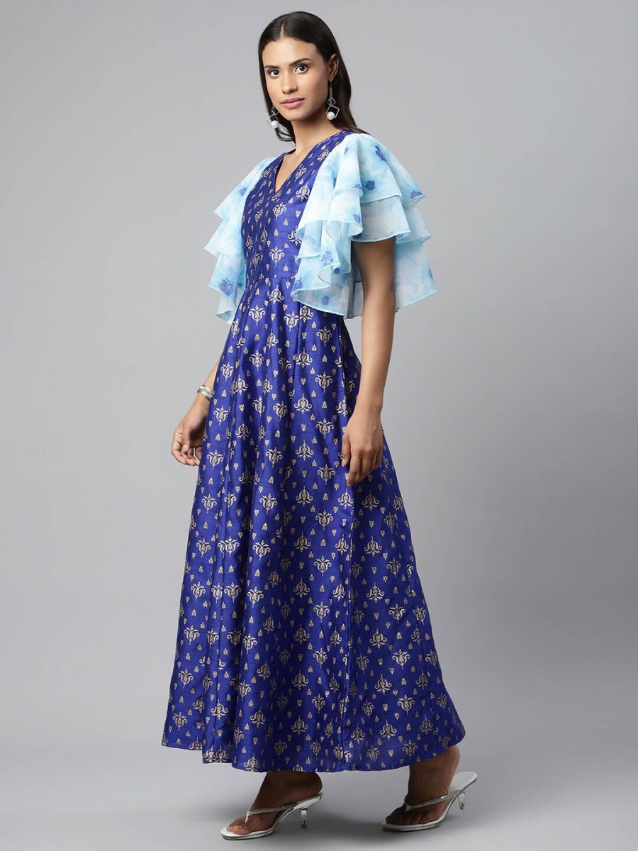 Ahalyaa Women Royal Blue Poly Silk Gold Paste Printed Dress | Grocsy