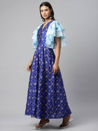 Ahalyaa Women Royal Blue Poly Silk Gold Paste Printed Dress | Grocsy