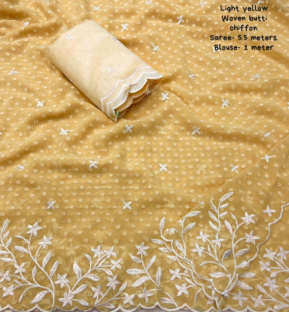 Yellow Pure Chiffon Woven Design Saree with Unstitched Blouse - Hiral Fashion | Grocsy
