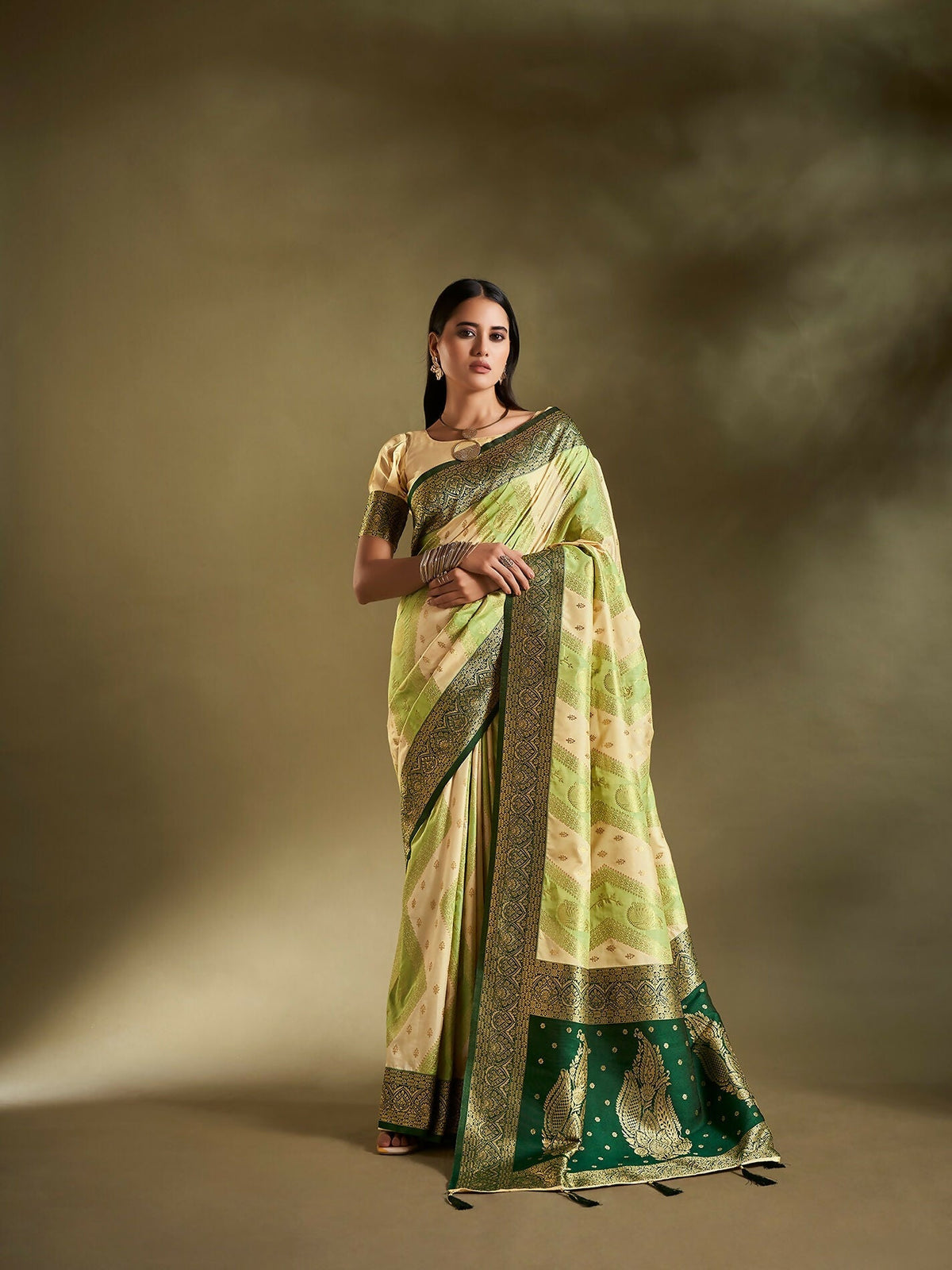 Joban Fashion Cream & Light Green Plain With Weaving Border Banarasi Silk Sarees | Grocsy