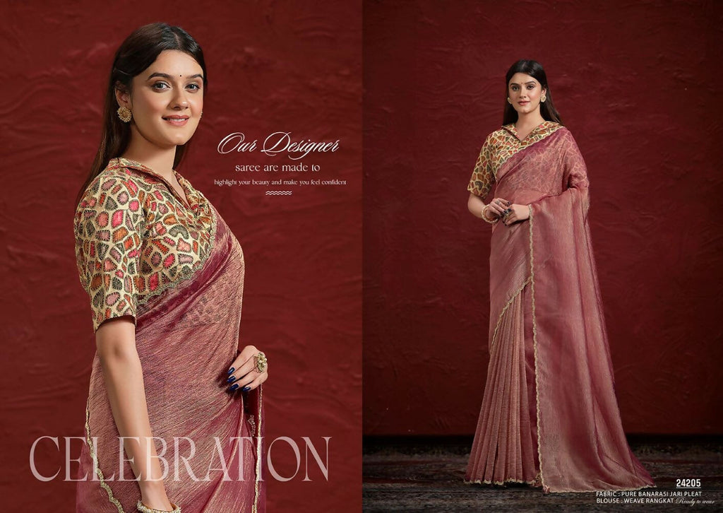 Light Maroon Pure Banarasi Jari pleat Stone with Handwork Saree with Stitched Blouse - Mohmanthan Aaina | Grocsy
