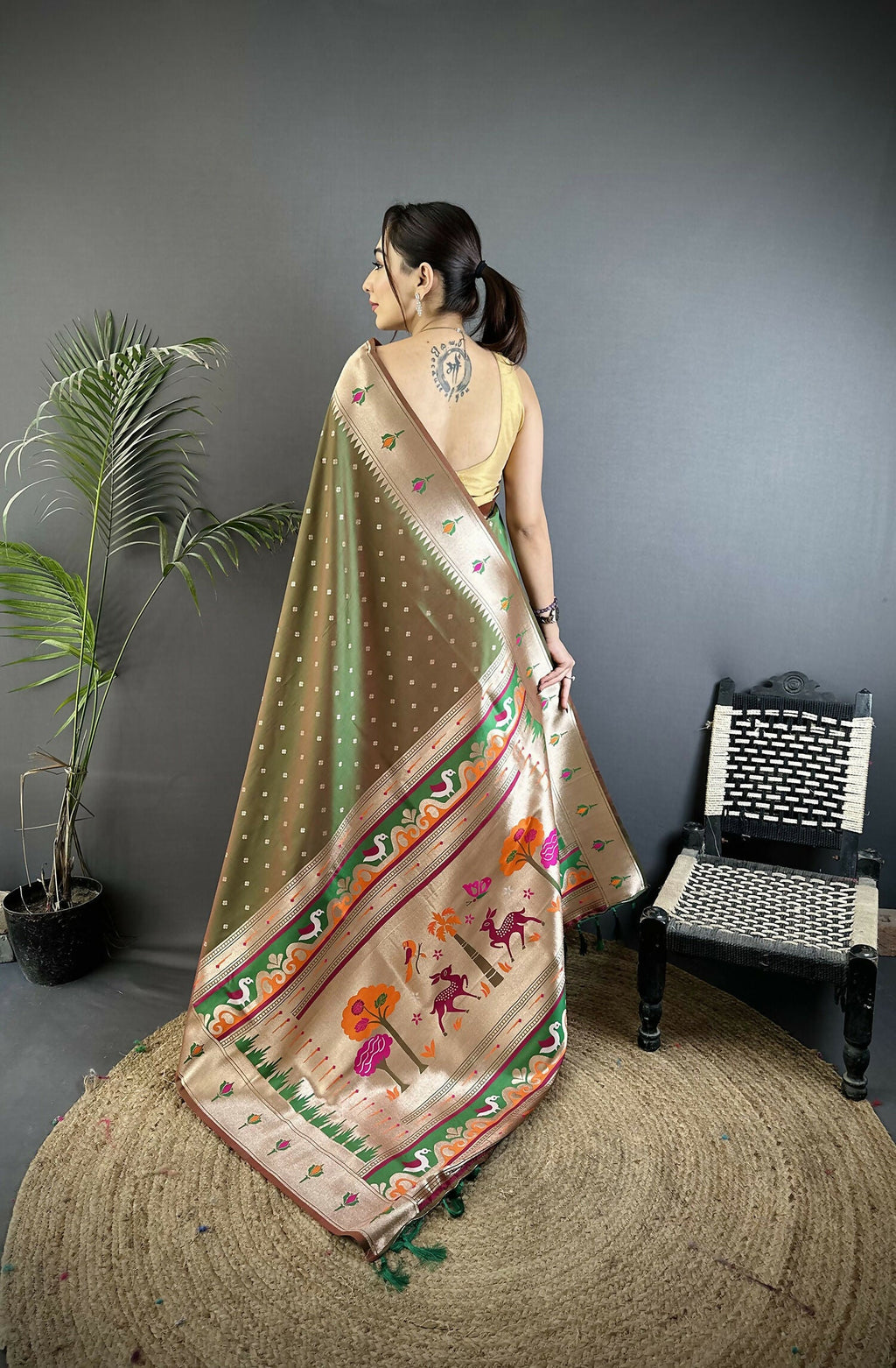 Joban Fashion Mehendi Green Peacock & Floral Motifs Soft Lichi Silk Kanchipuram Saree | Grocsy