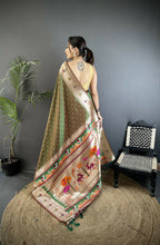 Joban Fashion Mehendi Green Peacock & Floral Motifs Soft Lichi Silk Kanchipuram Saree | Grocsy