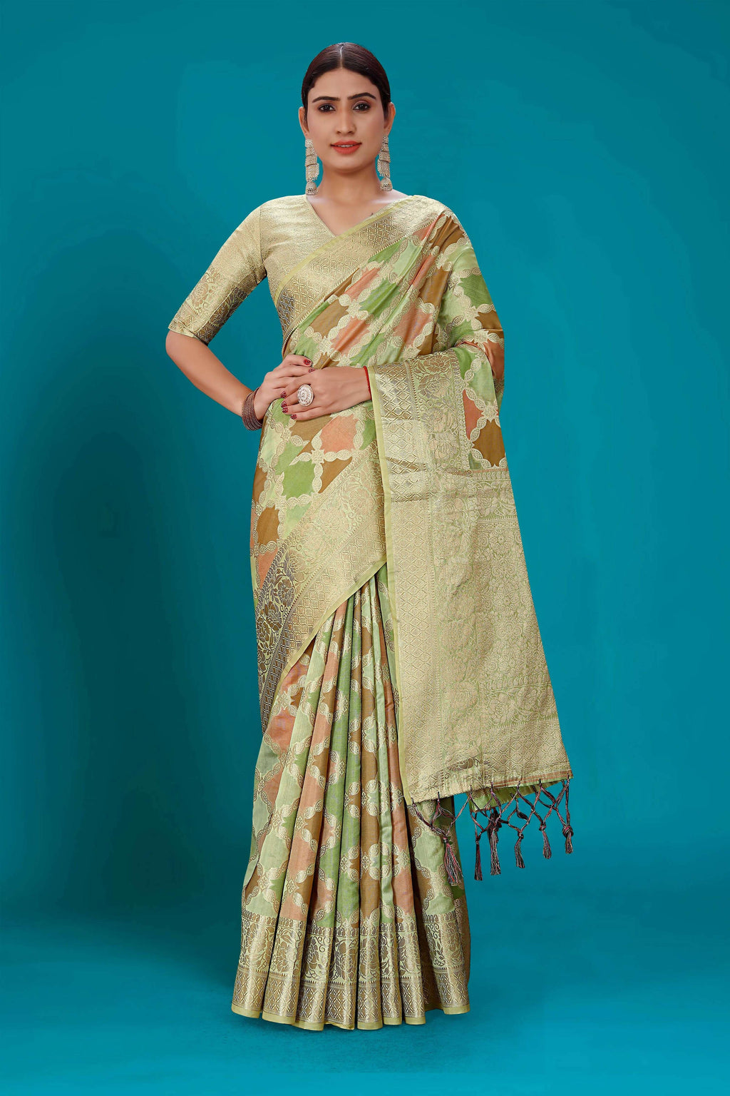 Pista Soft Organza Woven Design Saree with Unstitched Blouse Piece - Zaara | Grocsy