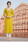 SRS Fashion Yellow Embroidered Rayon Straight Kurta Set | Grocsy