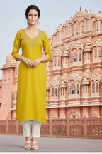 SRS Fashion Yellow Embroidered Rayon Straight Kurta Set | Grocsy