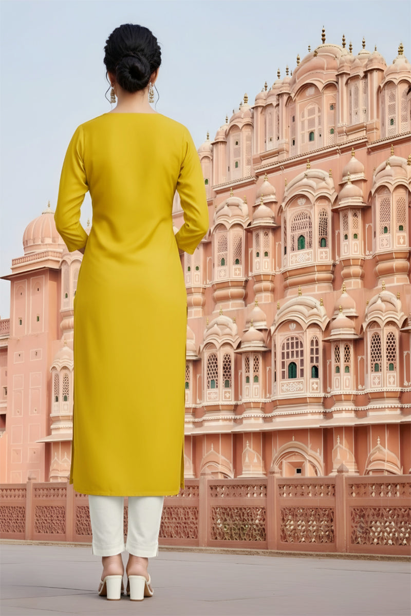 SRS Fashion Yellow Embroidered Rayon Straight Kurta Set | Grocsy