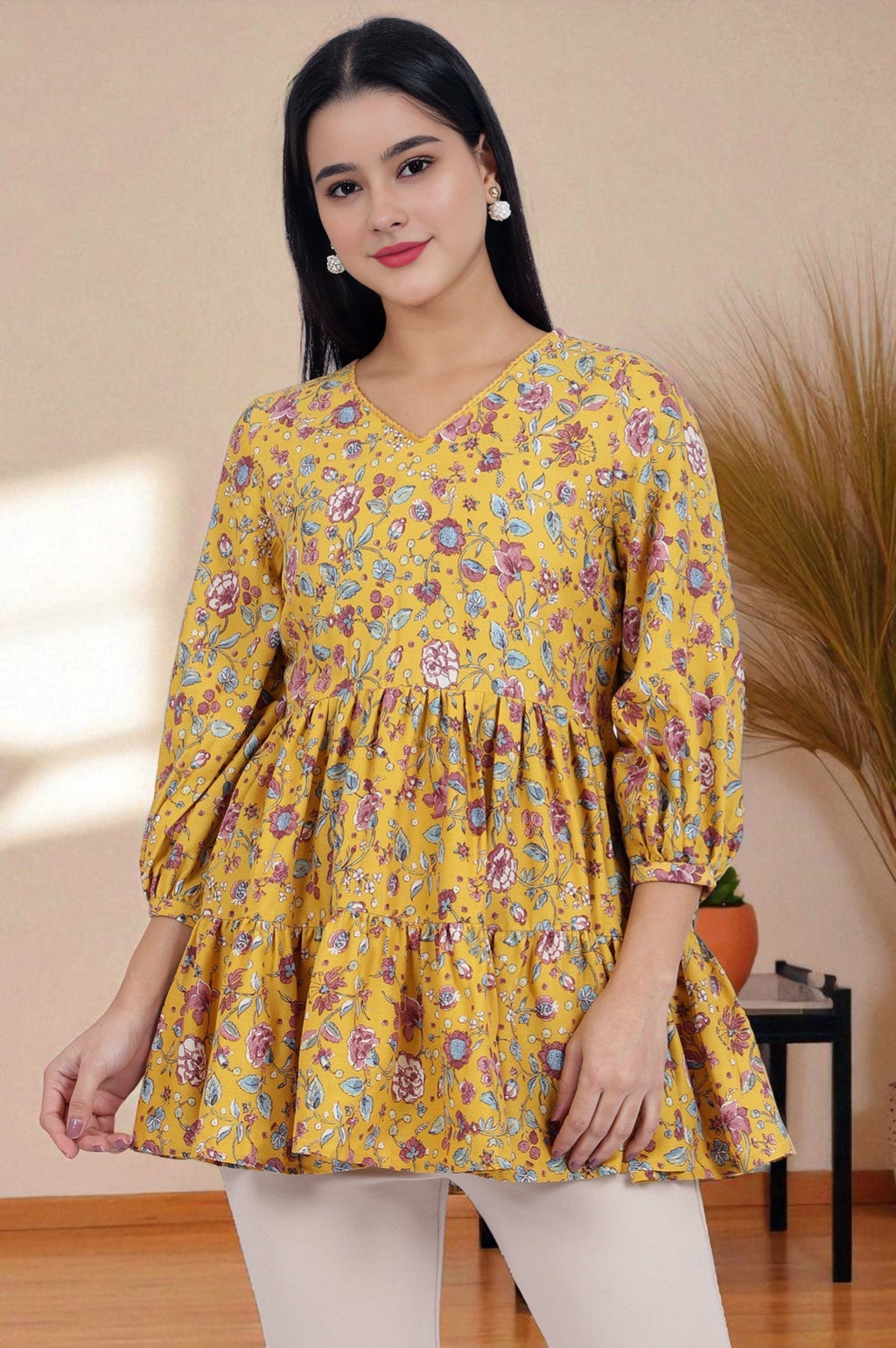 W for Woman Yellow Floral Printed Flared Tiered Top With Gathered Sleeves | Grocsy