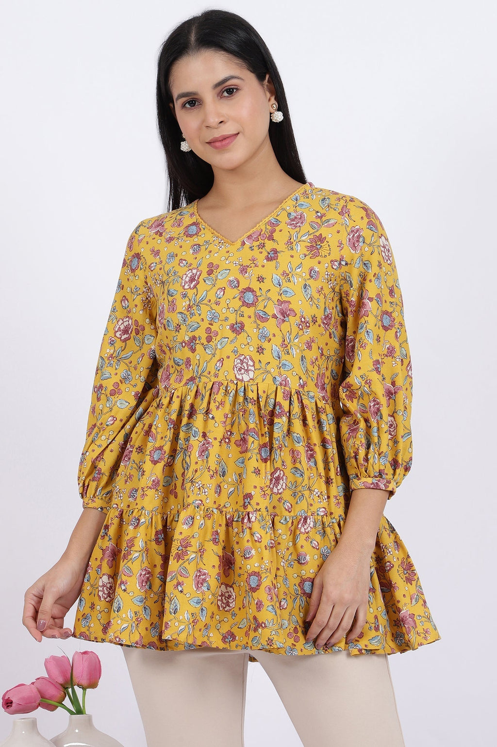 W for Woman Yellow Floral Printed Flared Tiered Top With Gathered Sleeves | Grocsy
