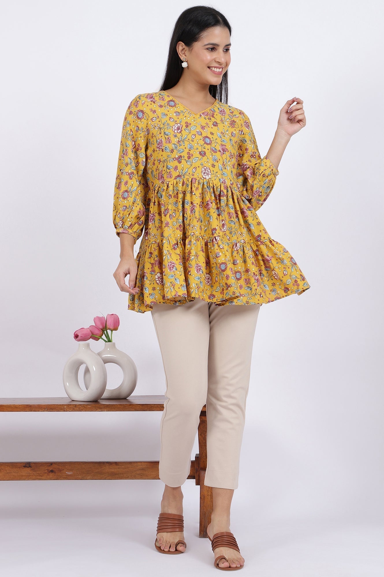 W for Woman Yellow Floral Printed Flared Tiered Top With Gathered Sleeves | Grocsy