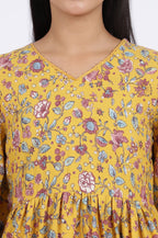 W for Woman Yellow Floral Printed Flared Tiered Top With Gathered Sleeves | Grocsy