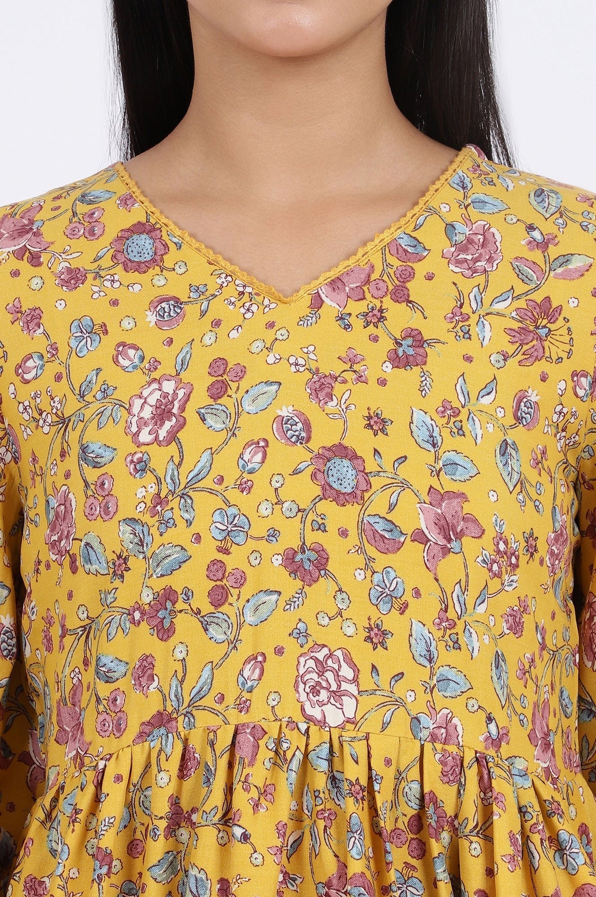 W for Woman Yellow Floral Printed Flared Tiered Top With Gathered Sleeves | Grocsy