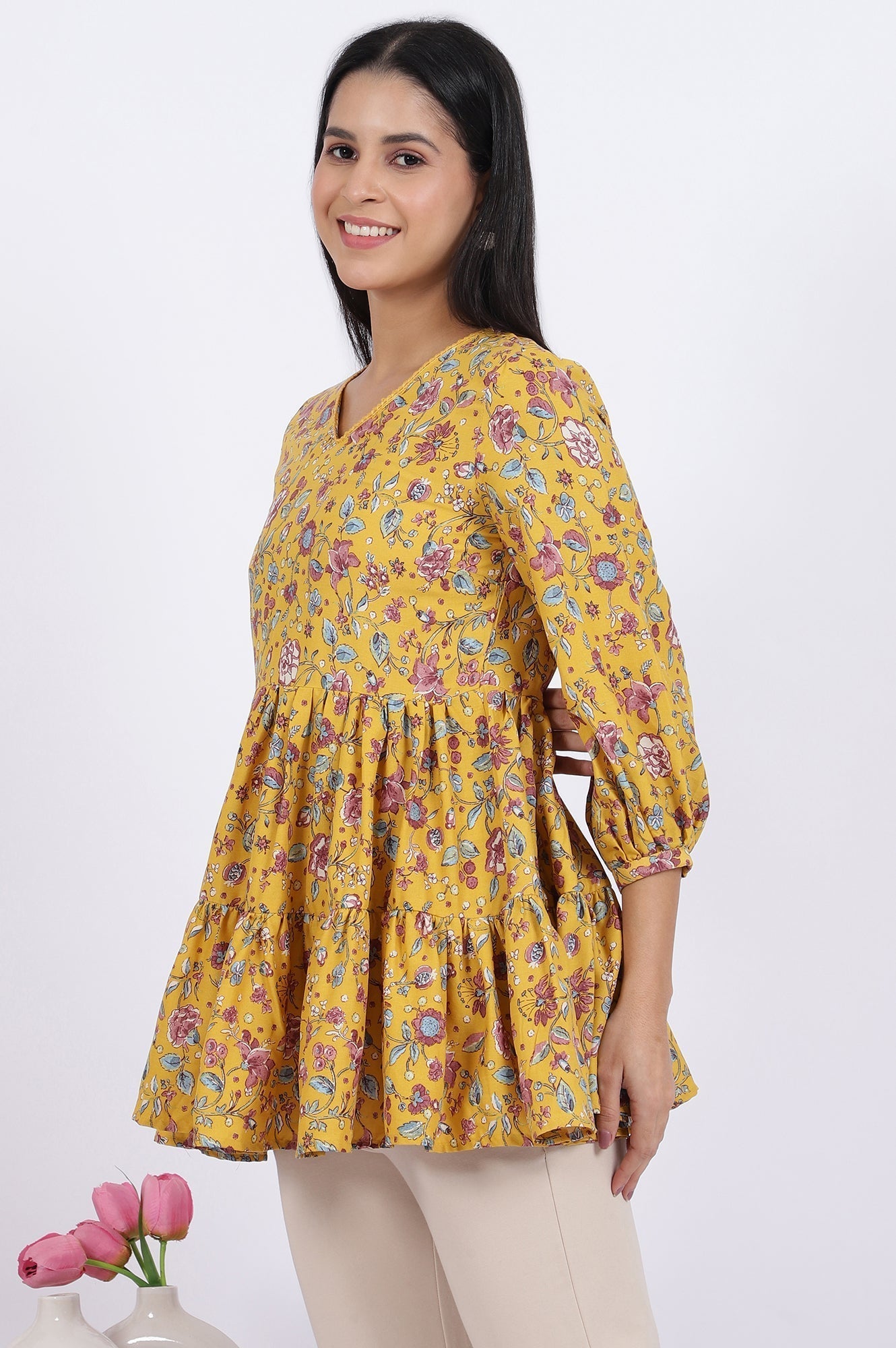W for Woman Yellow Floral Printed Flared Tiered Top With Gathered Sleeves | Grocsy