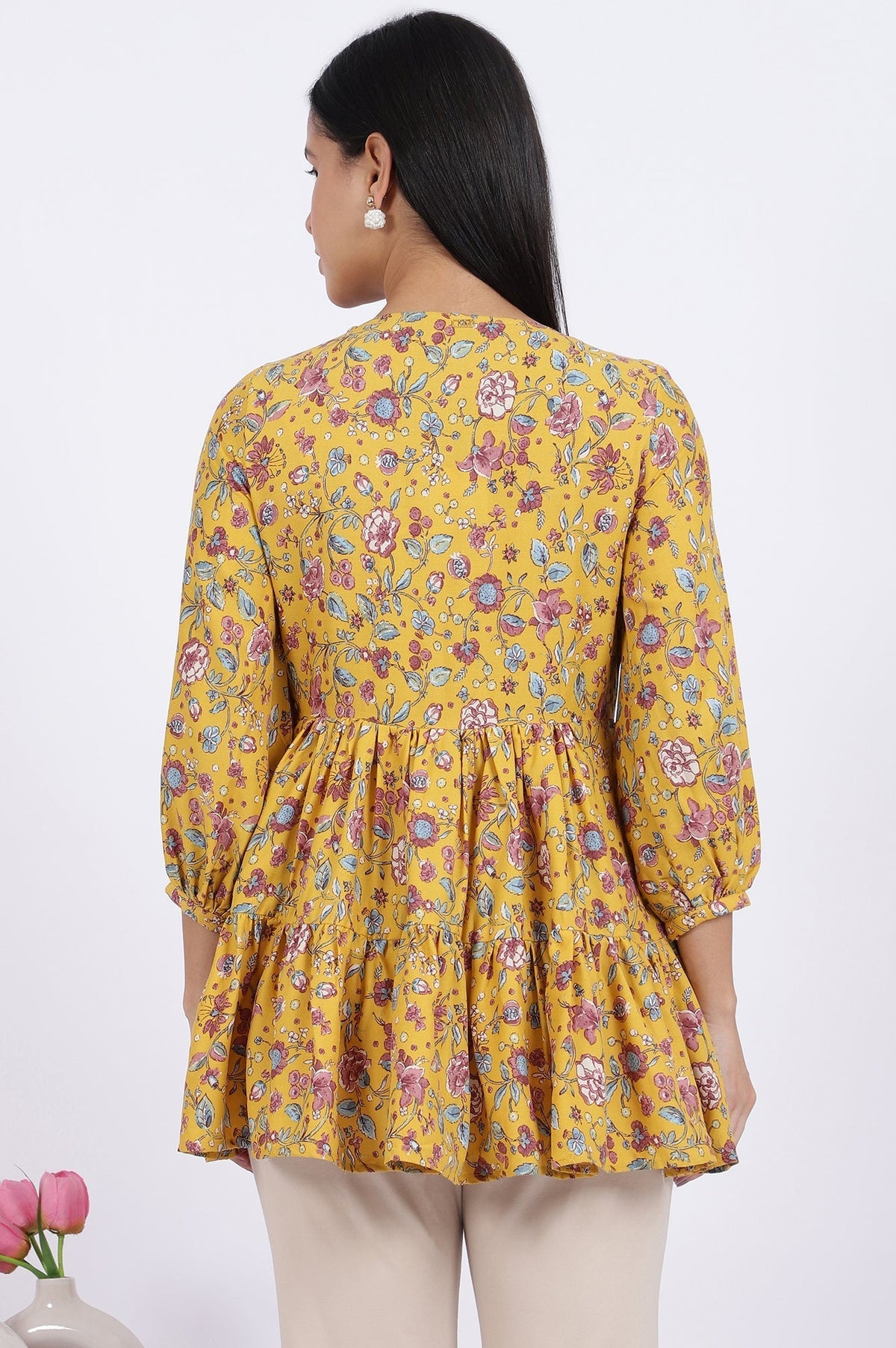W for Woman Yellow Floral Printed Flared Tiered Top With Gathered Sleeves | Grocsy