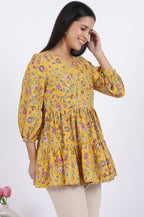 W for Woman Yellow Floral Printed Flared Tiered Top With Gathered Sleeves | Grocsy