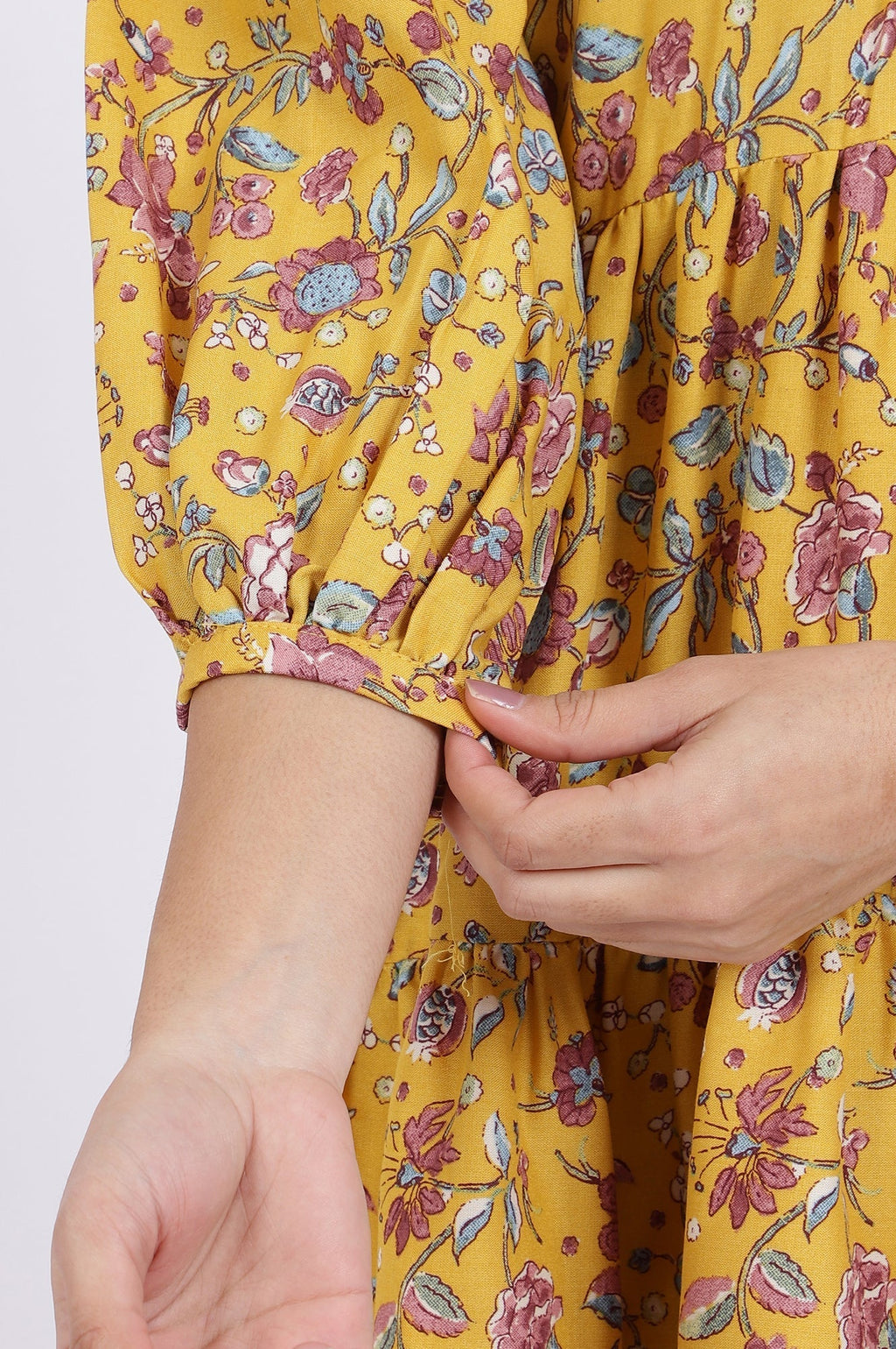 W for Woman Yellow Floral Printed Flared Tiered Top With Gathered Sleeves | Grocsy