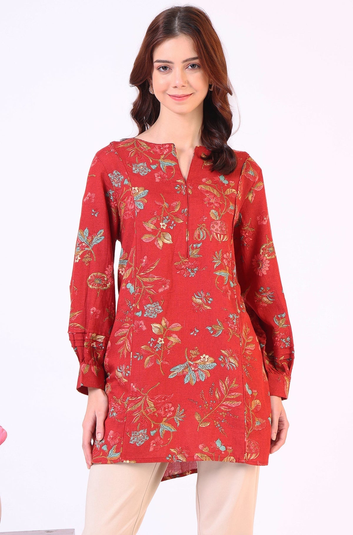 W for Woman Red Floral Printed Princess Panelled Ethnic Top | Grocsy