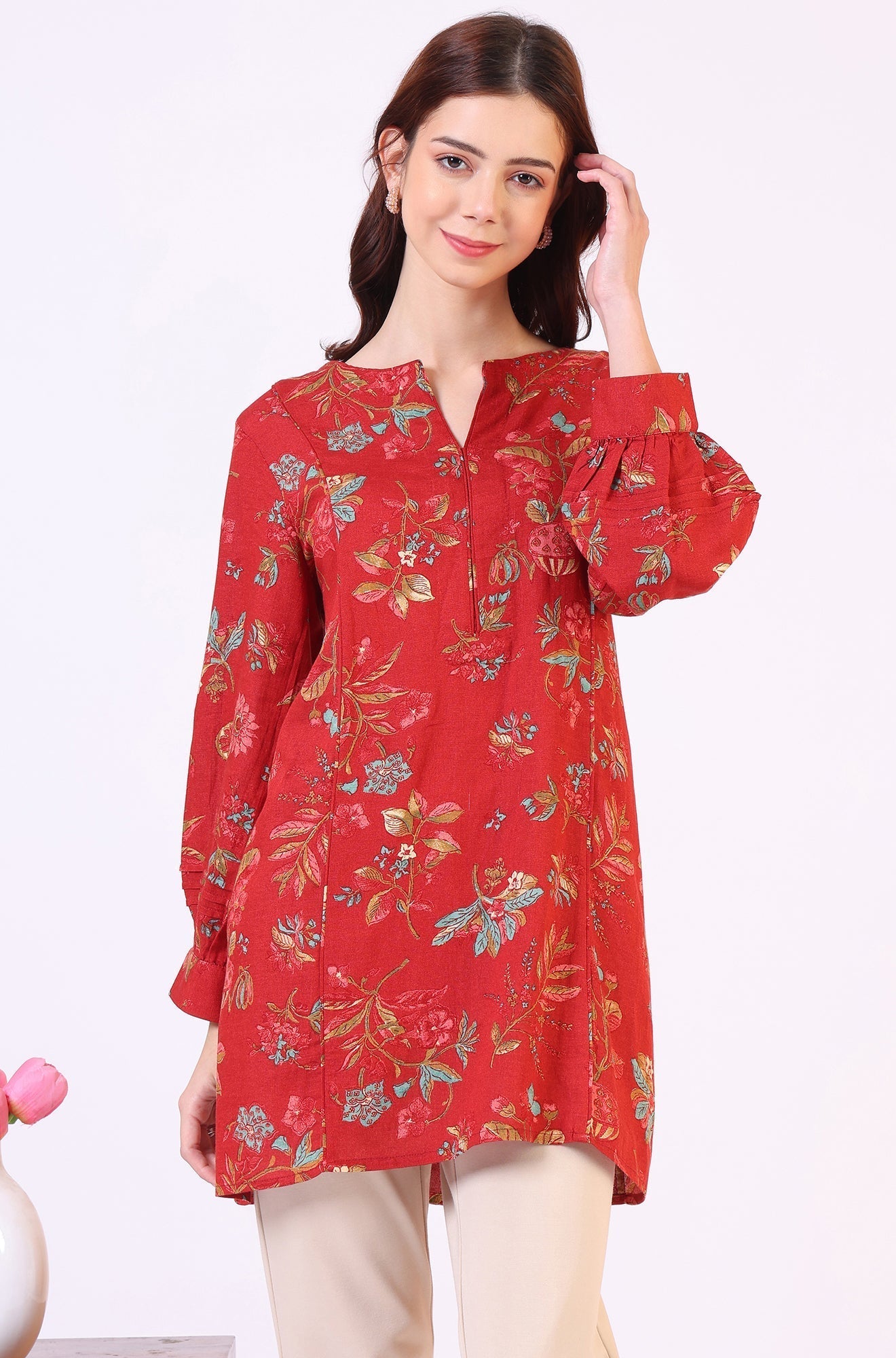 W for Woman Red Floral Printed Princess Panelled Ethnic Top | Grocsy