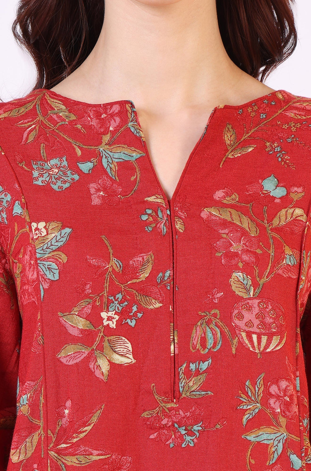 W for Woman Red Floral Printed Princess Panelled Ethnic Top | Grocsy