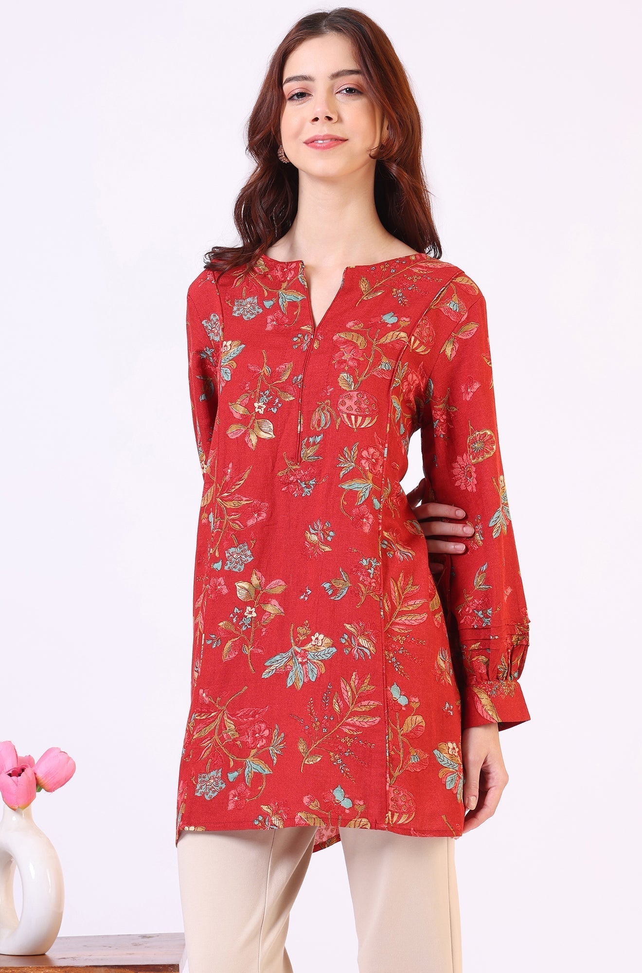 W for Woman Red Floral Printed Princess Panelled Ethnic Top | Grocsy