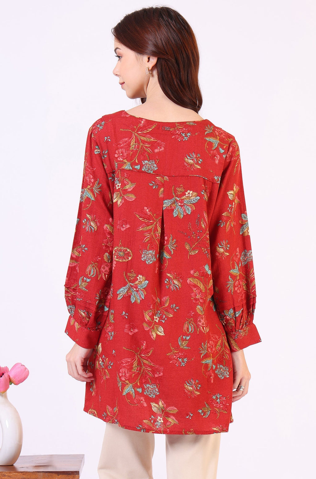W for Woman Red Floral Printed Princess Panelled Ethnic Top | Grocsy