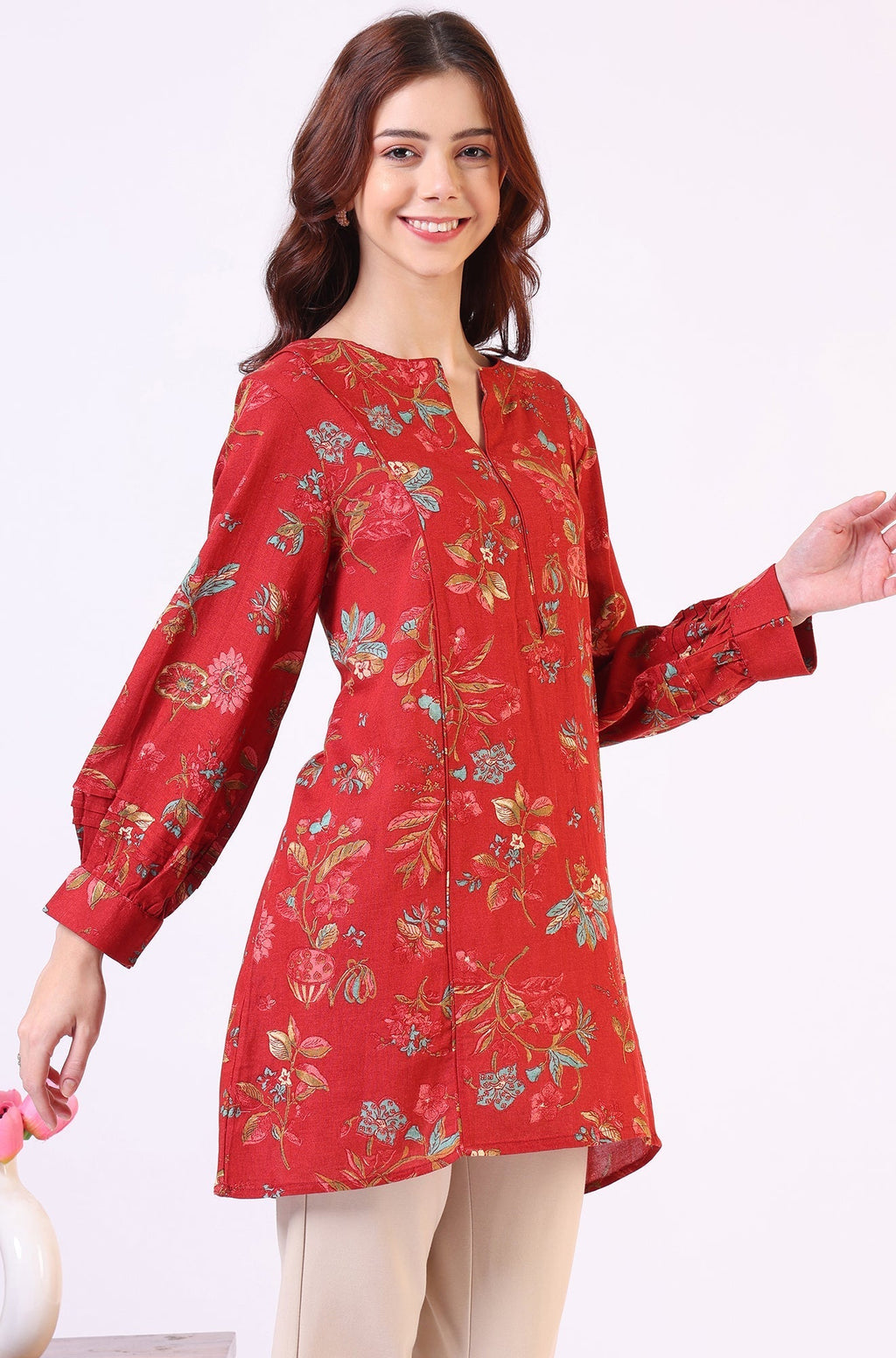 W for Woman Red Floral Printed Princess Panelled Ethnic Top | Grocsy