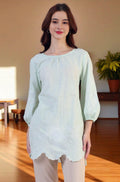 W for Woman Pastel Green Slub top with Hem And Sleeve Embroidered Scalloped Detail | Grocsy