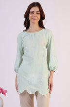 W for Woman Pastel Green Slub top with Hem And Sleeve Embroidered Scalloped Detail | Grocsy