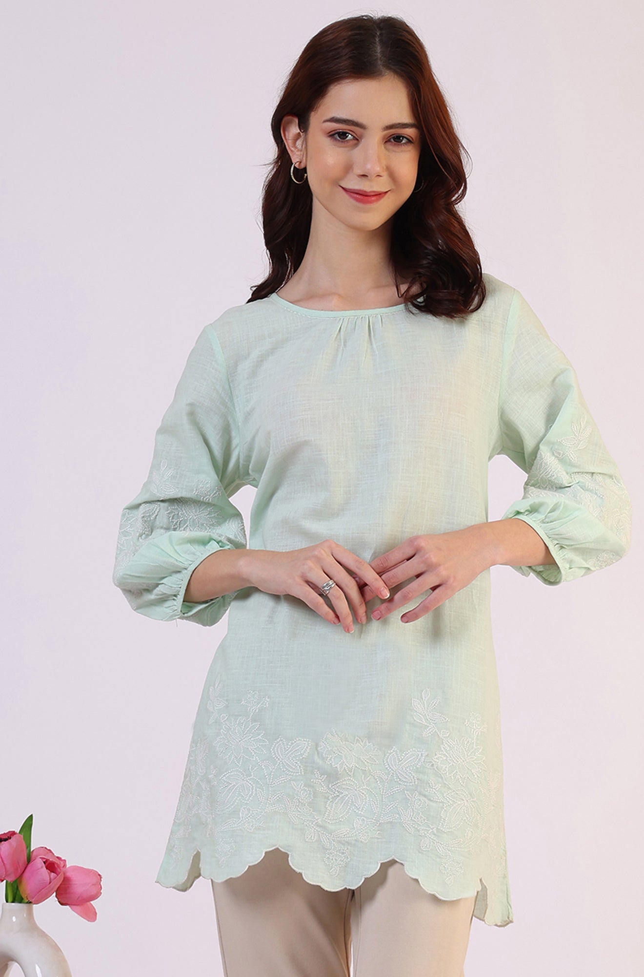W for Woman Pastel Green Slub top with Hem And Sleeve Embroidered Scalloped Detail | Grocsy
