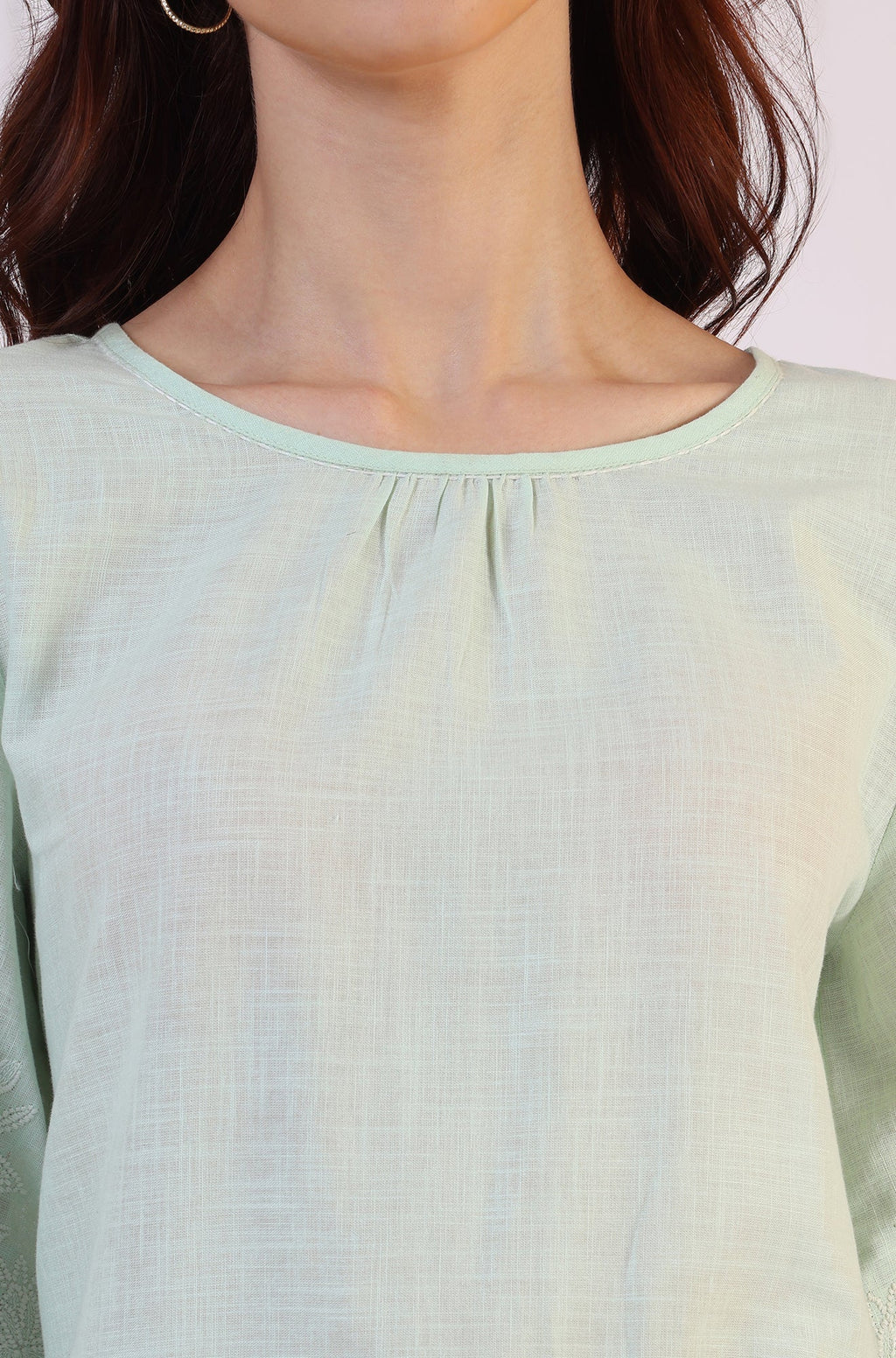 W for Woman Pastel Green Slub top with Hem And Sleeve Embroidered Scalloped Detail | Grocsy