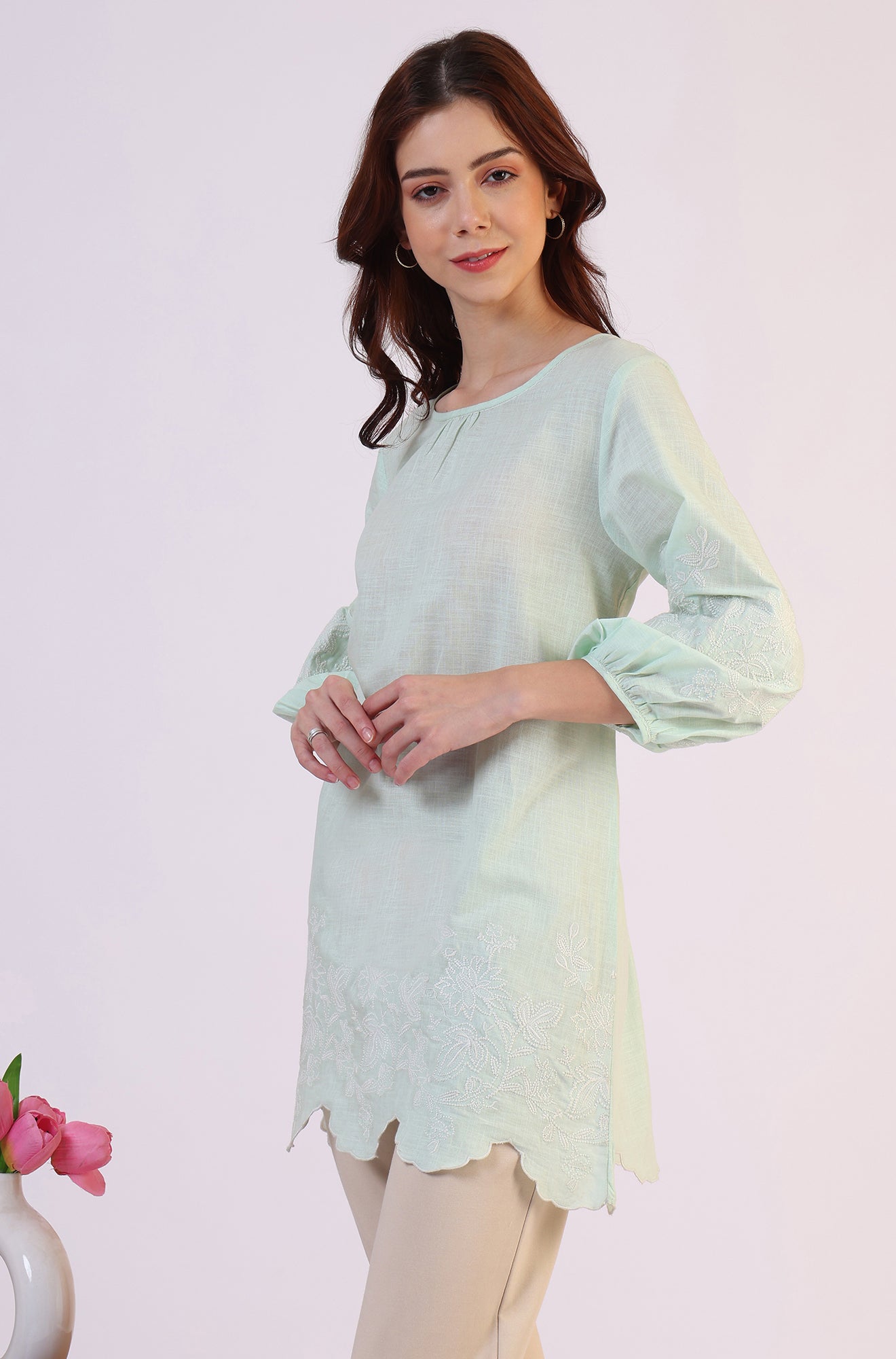 W for Woman Pastel Green Slub top with Hem And Sleeve Embroidered Scalloped Detail | Grocsy