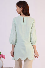 W for Woman Pastel Green Slub top with Hem And Sleeve Embroidered Scalloped Detail | Grocsy
