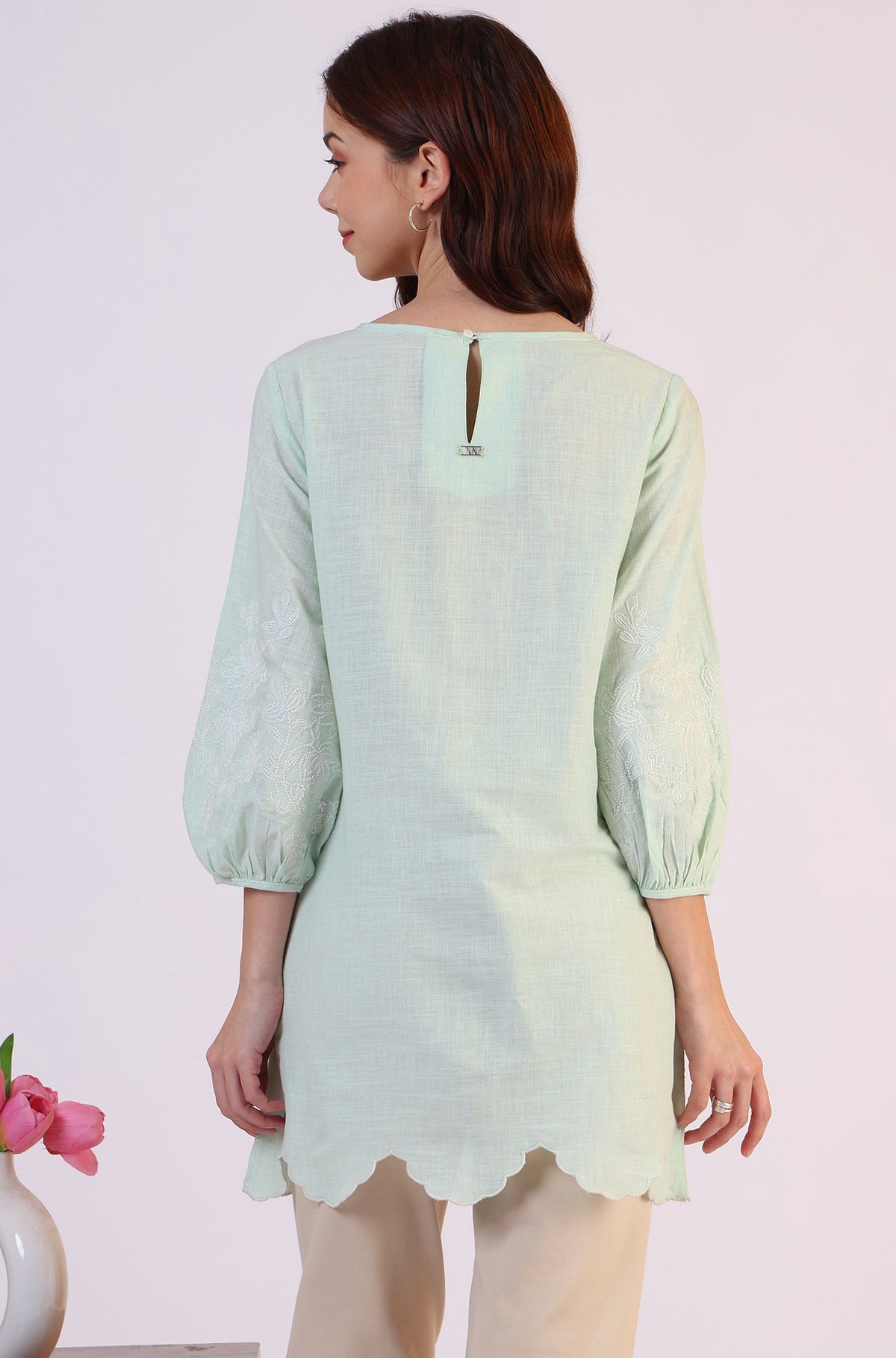 W for Woman Pastel Green Slub top with Hem And Sleeve Embroidered Scalloped Detail | Grocsy